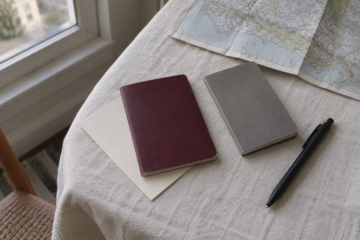 Blank travel card and notebook on a table